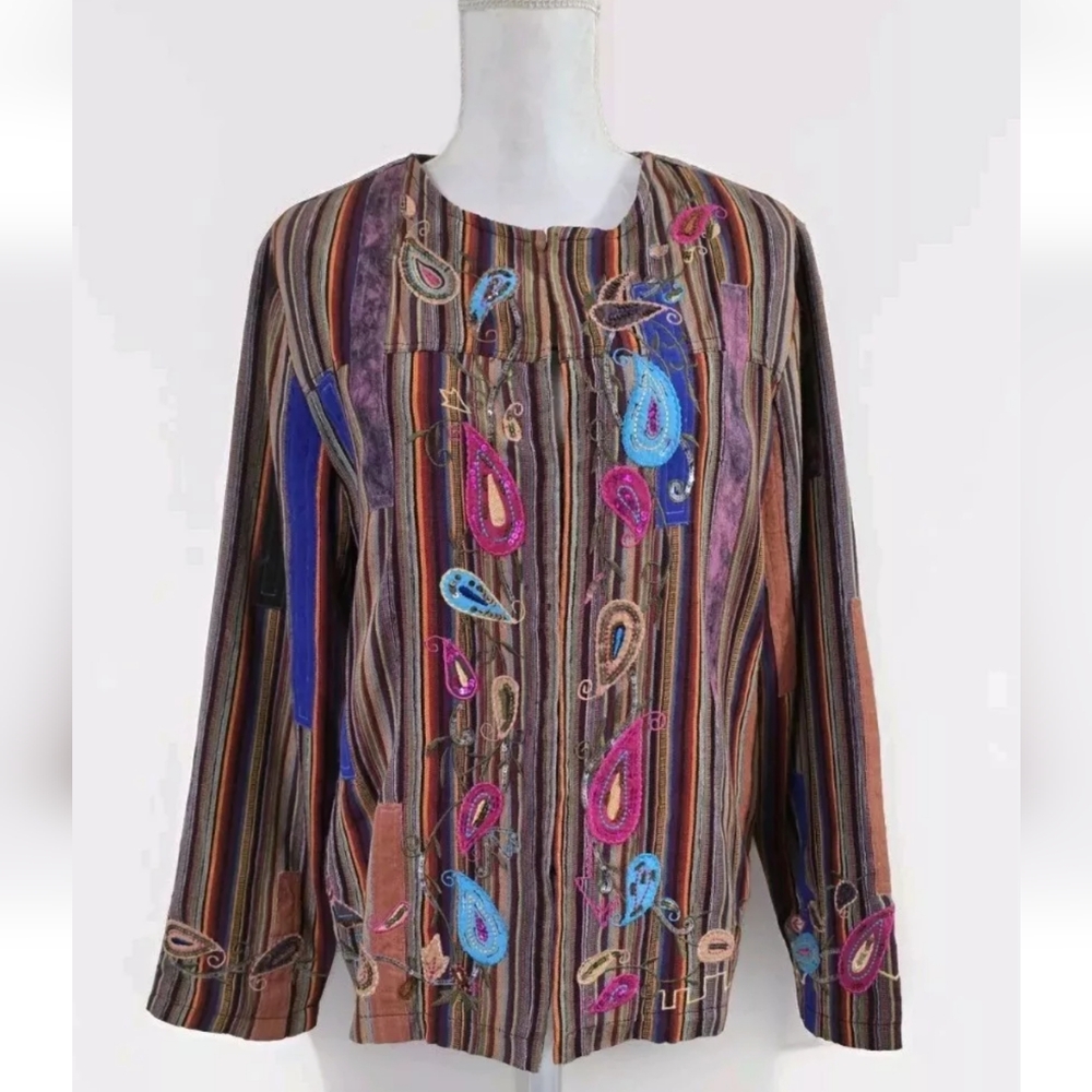 Indigo Moon Vintage Artsy Patchwork 100% Silk Tapestry Paisley Jacket Size L EUC